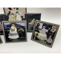 Seven 1930's butterfly wing pictures, mainly of ladies in period dress, one signed Dorothy Buckley, largest H18cm