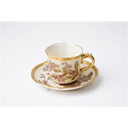 Collection of Worcester blush ivory, including a pot pourri and a pair of candlesticks by George Grainger & Co, with brown and green stamps to bases, together with a teacup and saucer with marks in puce, candlesticks H12cm 