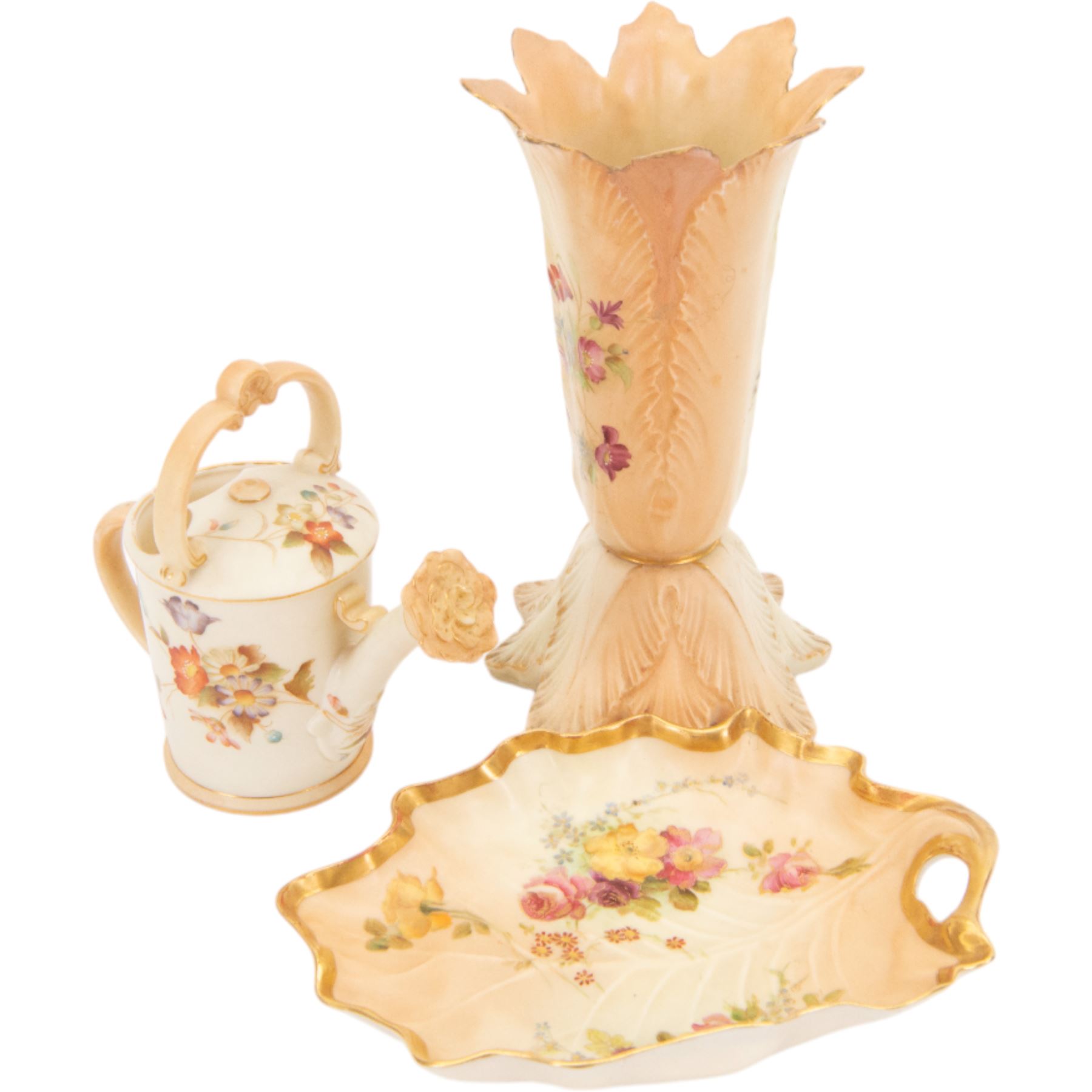 Royal Worcester blush ivory leaf moulded vase, leaf shape dish and a Royal China Works Worcester watering can, vase H21cm
