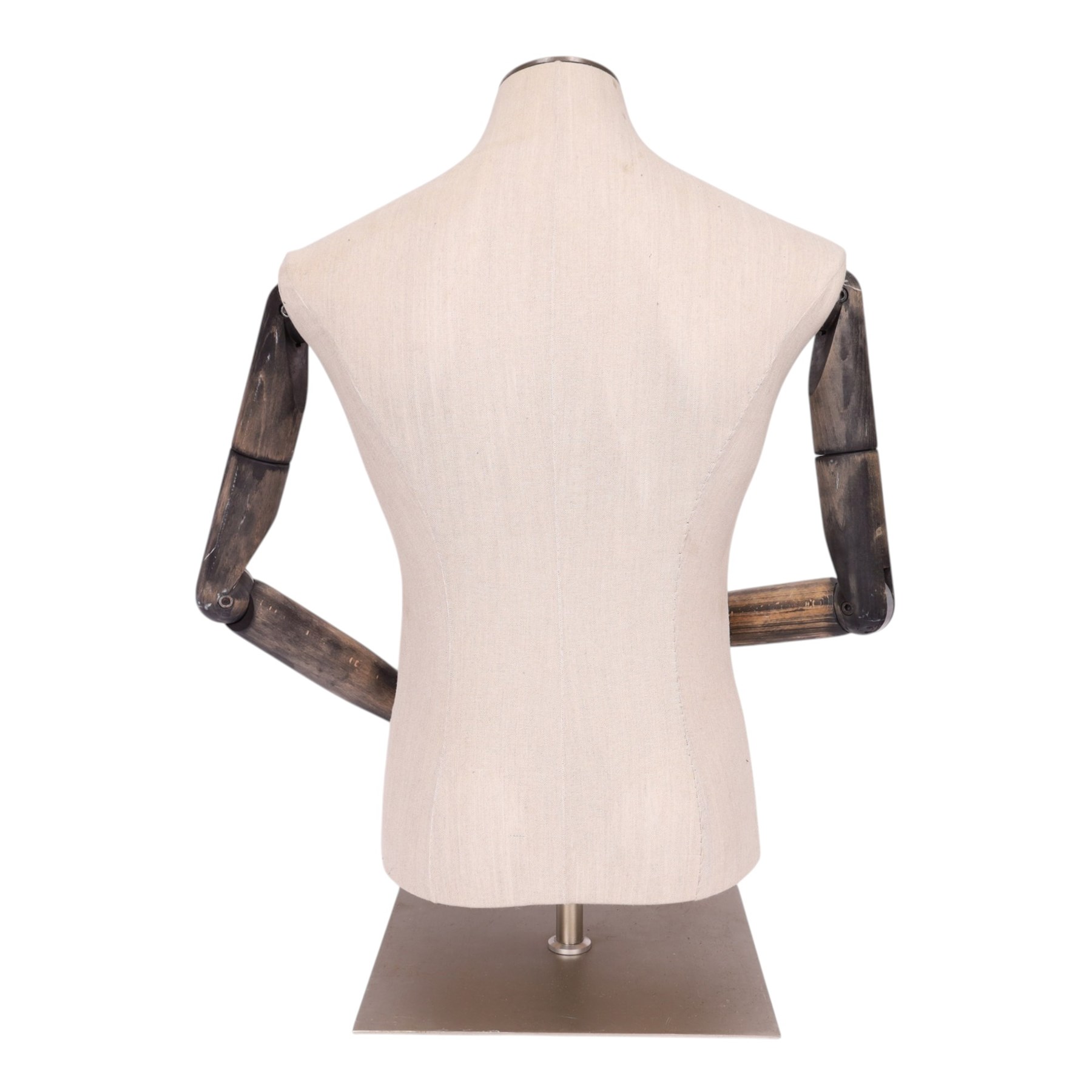 Male mannequin torso with fabric body and poseable wooden arms, on a square metal base