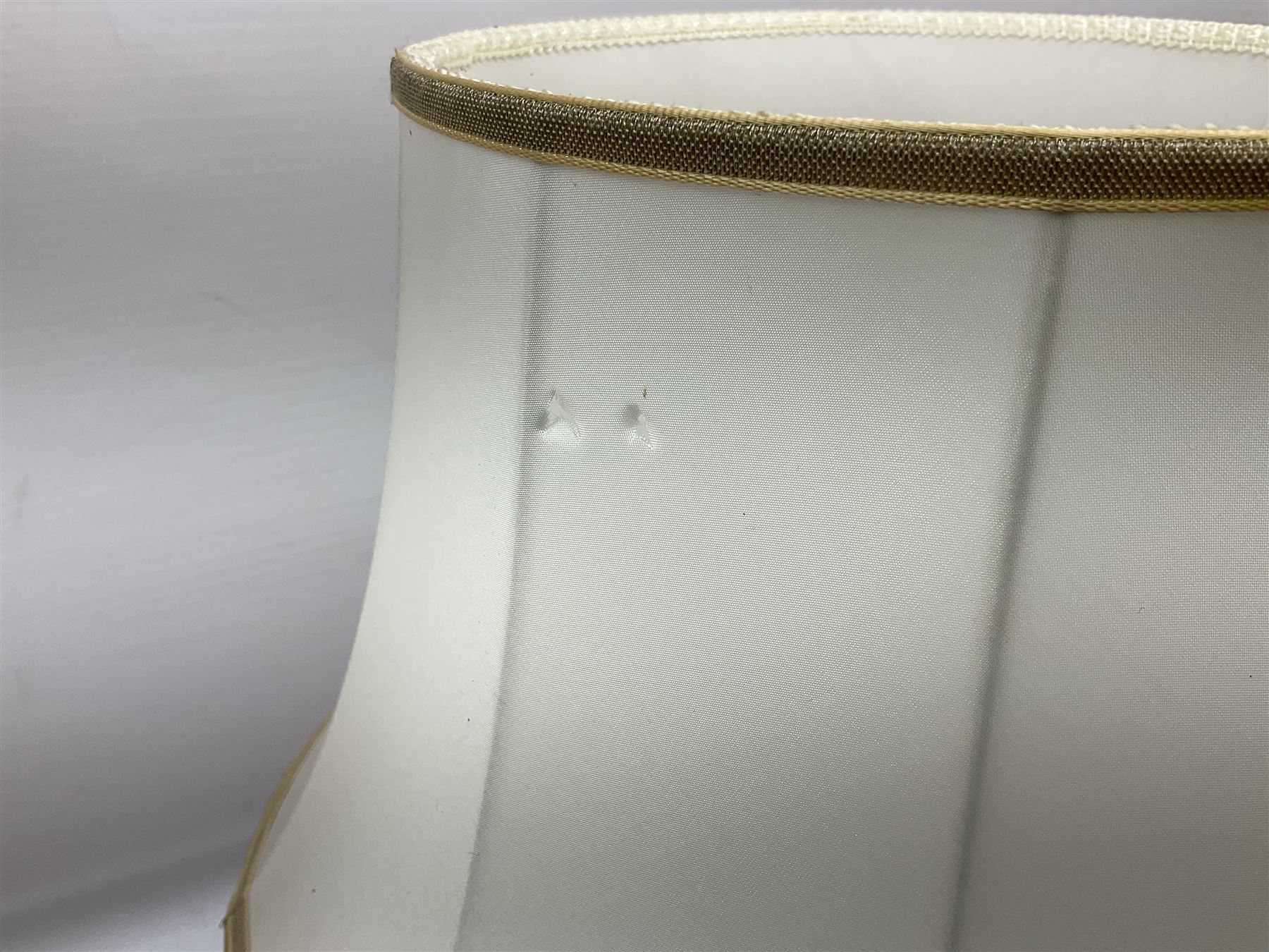 Italian ceramic table lamp decorated with geometric green and black pattern on white ground with gilt metal square plinth base, together with a green and black marbled effect lamp by Holkham pottery, both with shades, tallest H47 incl shade