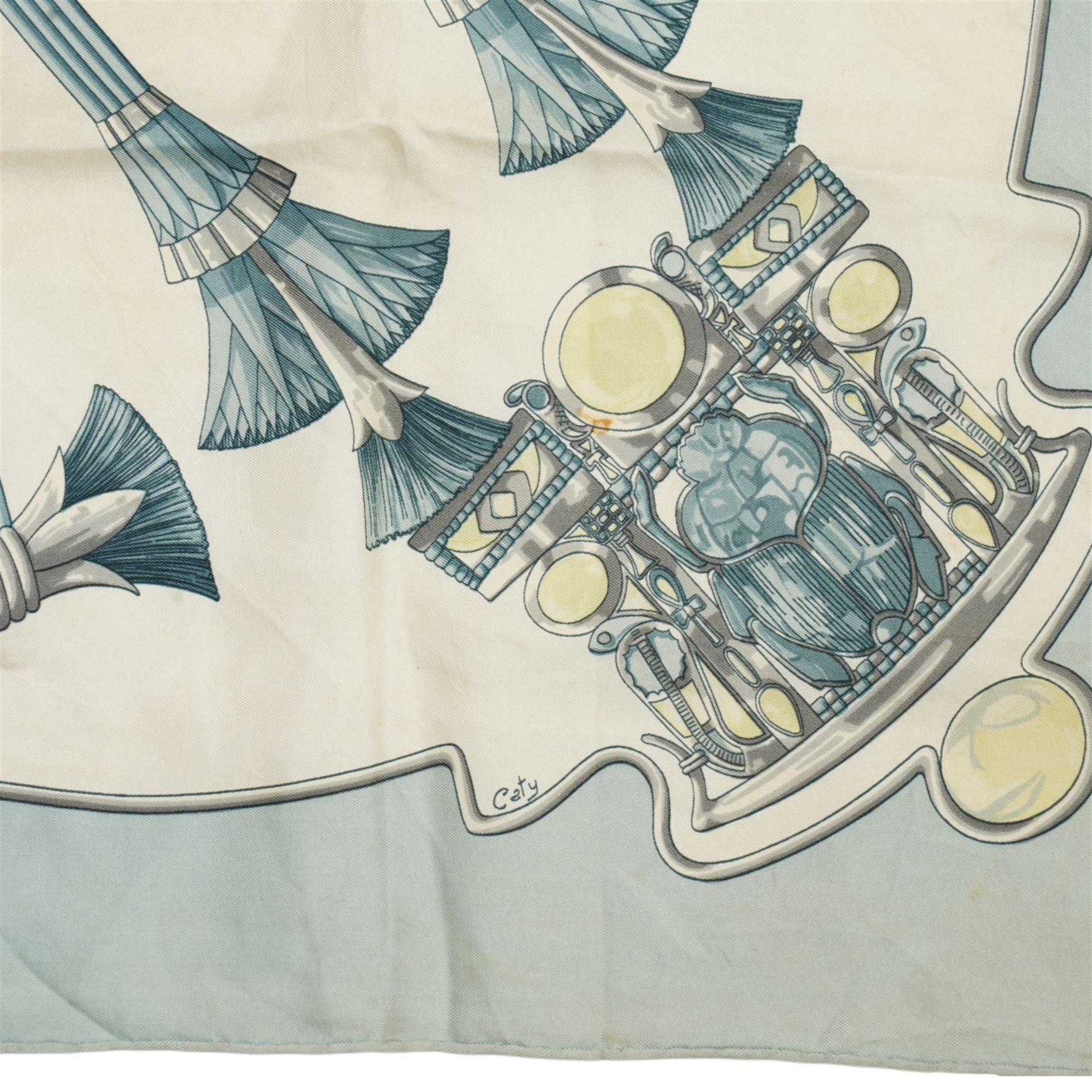 Hermes 'Egypte' silk scarf in blue and grey colourway, designed by Cathy Latham, 86cm x 90cm 