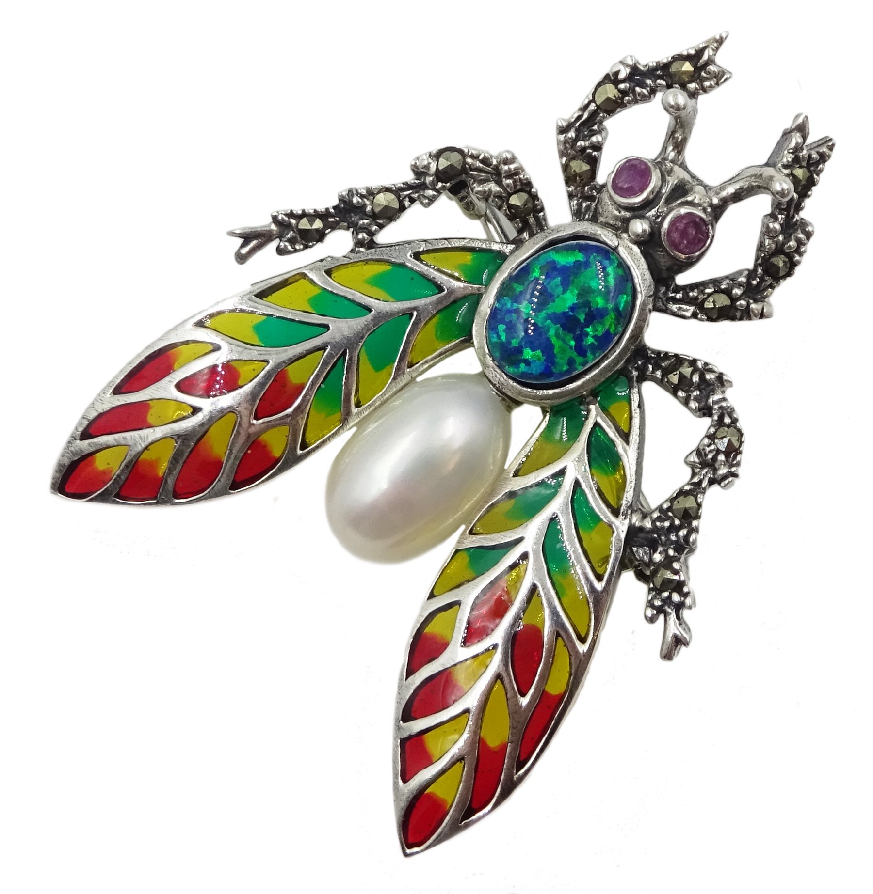 Silver plique-a- jour, pearl, opal and marcasite bug brooch, stamped 925 