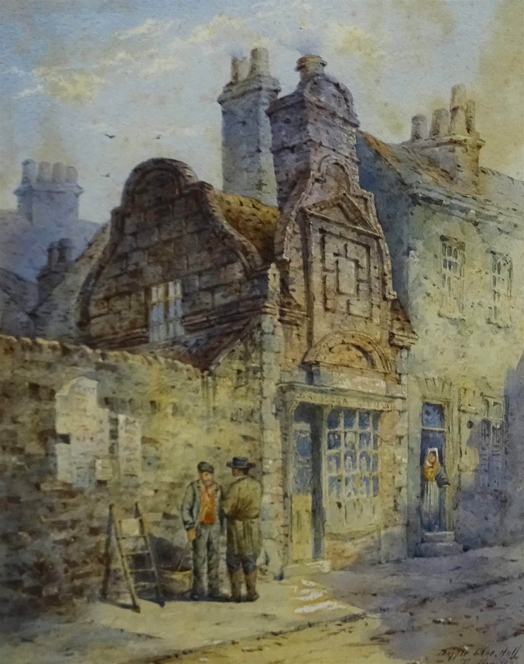 Thomas 'Tom' Dudley (British 1857-1935): 'Dagger Lane Hull' depicting the oldest house in Hull, watercolour signed titled and dated 1880, 35cm x 27cm
Provenance: private collection formally in the Reckitt Family collection  