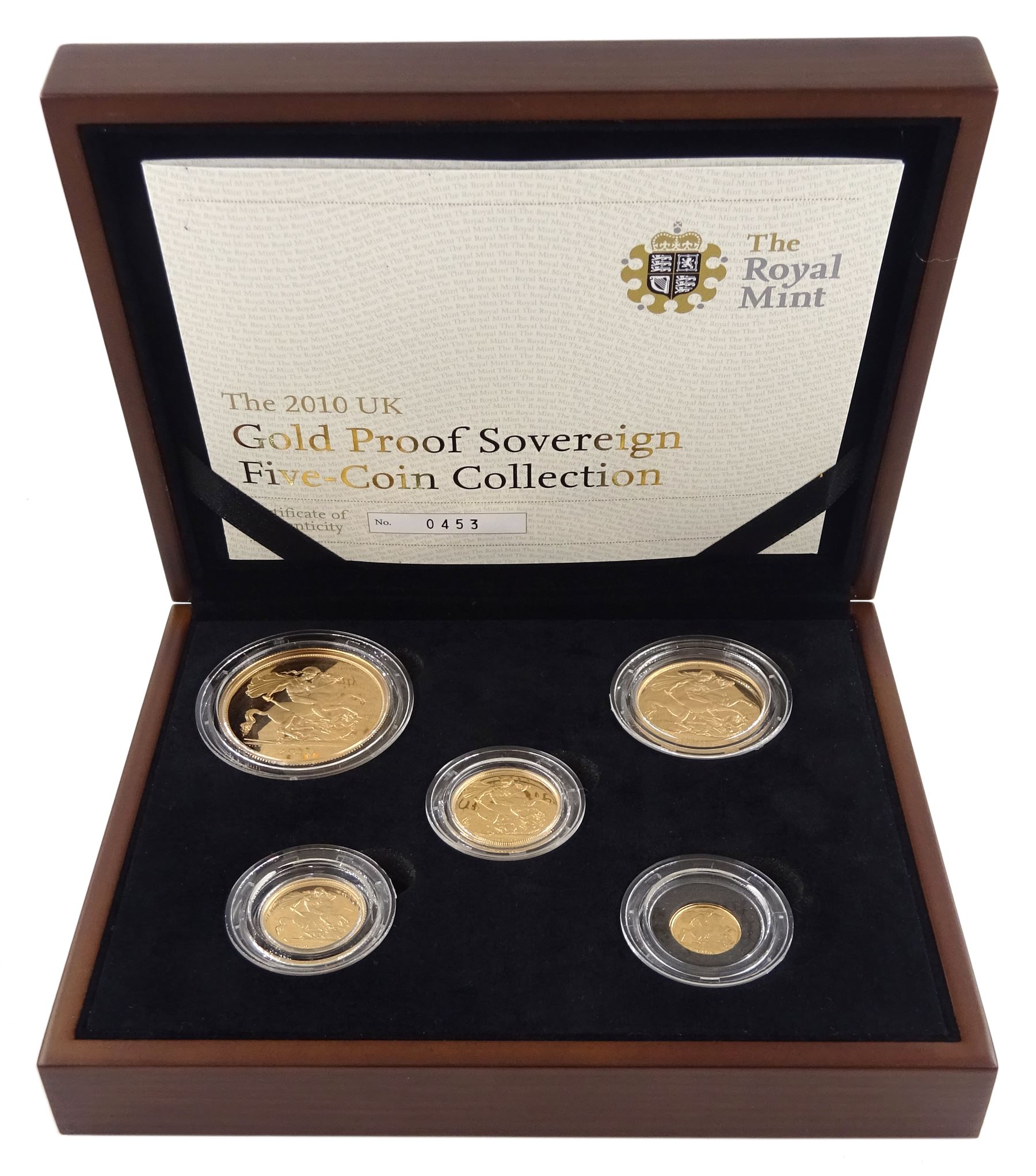 Queen Elizabeth II 2010 'Gold Proof Sovereign Five-Coin Collection', comprising 22ct gold five pound, double sovereign, full sovereign, half sovereign and quarter sovereign coins, cased with certificate