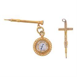 9ct gold cased ladies wristwatch, on rolled gold bracelet, together with a 15ct gold propelling pencil, gold plated compass, silver marcasite cameo bracelet and gold plated cross pendant propelling pencil