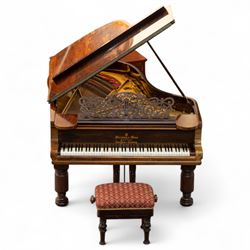 Steinway & Son, New York & Hamburg- Model B, overstrung Drawing Room Grand Piano in a rosewood case, Serial No 87297 (1896/7), with 85 ivory covered and ebony keys A0-A7(7 octaves) with an adjustable fretted music desk, brass fittings and pedals, Steinway “Fireplug” straight columnar and fluted legs with roller castors and conforming lyre, duplex stringing with agraffs, bass strings copper wound with a steel core, steel tuning pins, original Steinway action, hammers, keys, felts, and dampers, with una-corda, sostenuto and sustain pedals, Overstrung iron frame detailing numerous Steinway patents, awards, and features. Tuned to Concert pitch (A=440). 
With an adjustable single stool. 

This item has been registered for sale under Section 10 of the APHA Ivory Act HLB1KY67