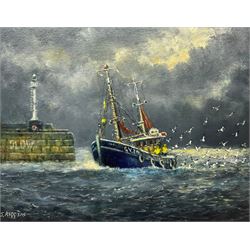 Jack Rigg (British 1927-): 'First Home' - Grimsby Trawler entering Fraserburgh Harbour, oil on board signed and dated 2015, titled verso 36cm x 46cm (unframed)