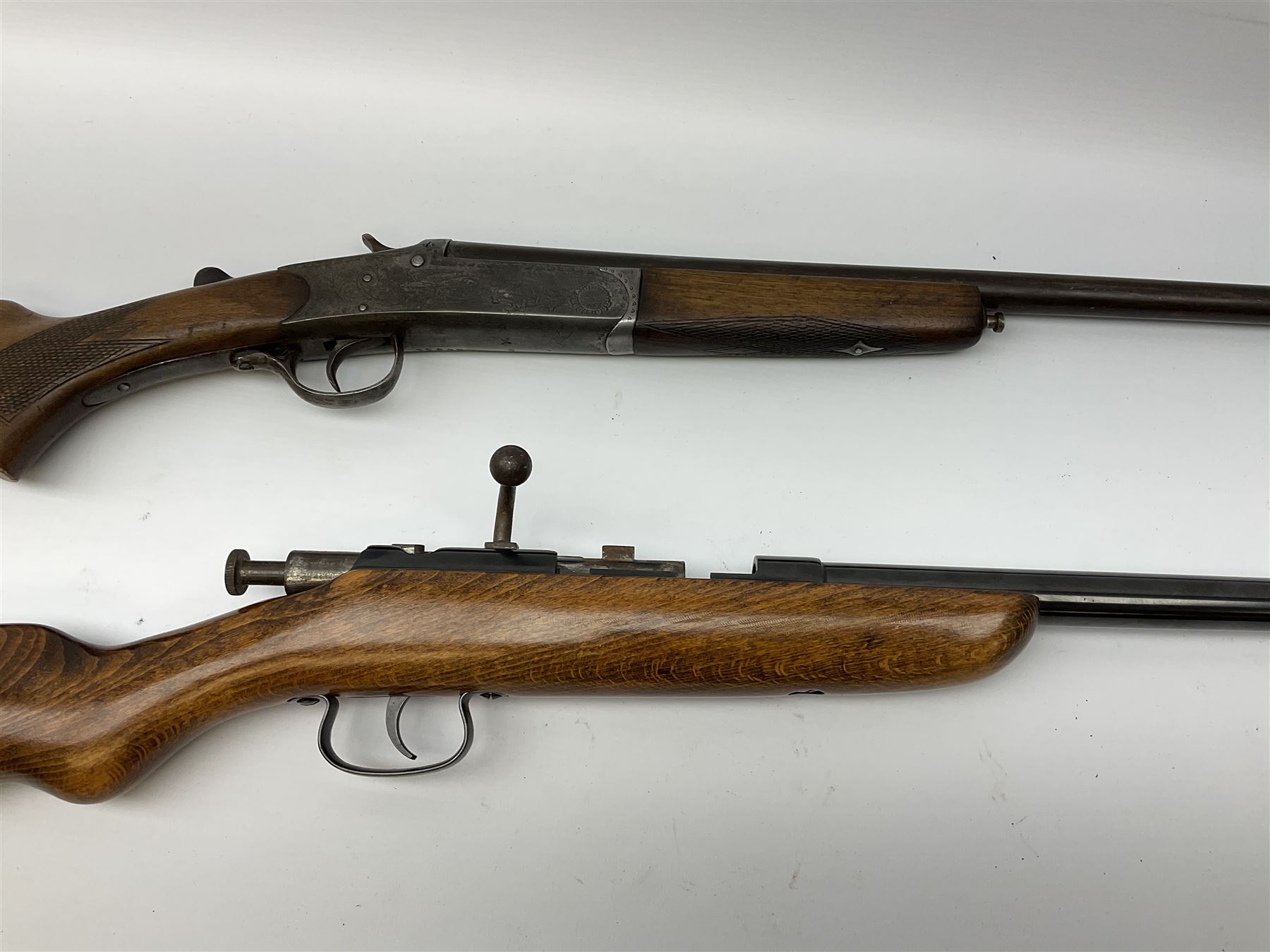 Webley & Scott .410 bolt action single barrel shotgun, no visible number L115cm overall; and Spanish .410 single barrel shotgun with 74.5cm barrel, serial no.54664 L117cm overall (2) SHOTGUN CERTIFICATE REQUIRED