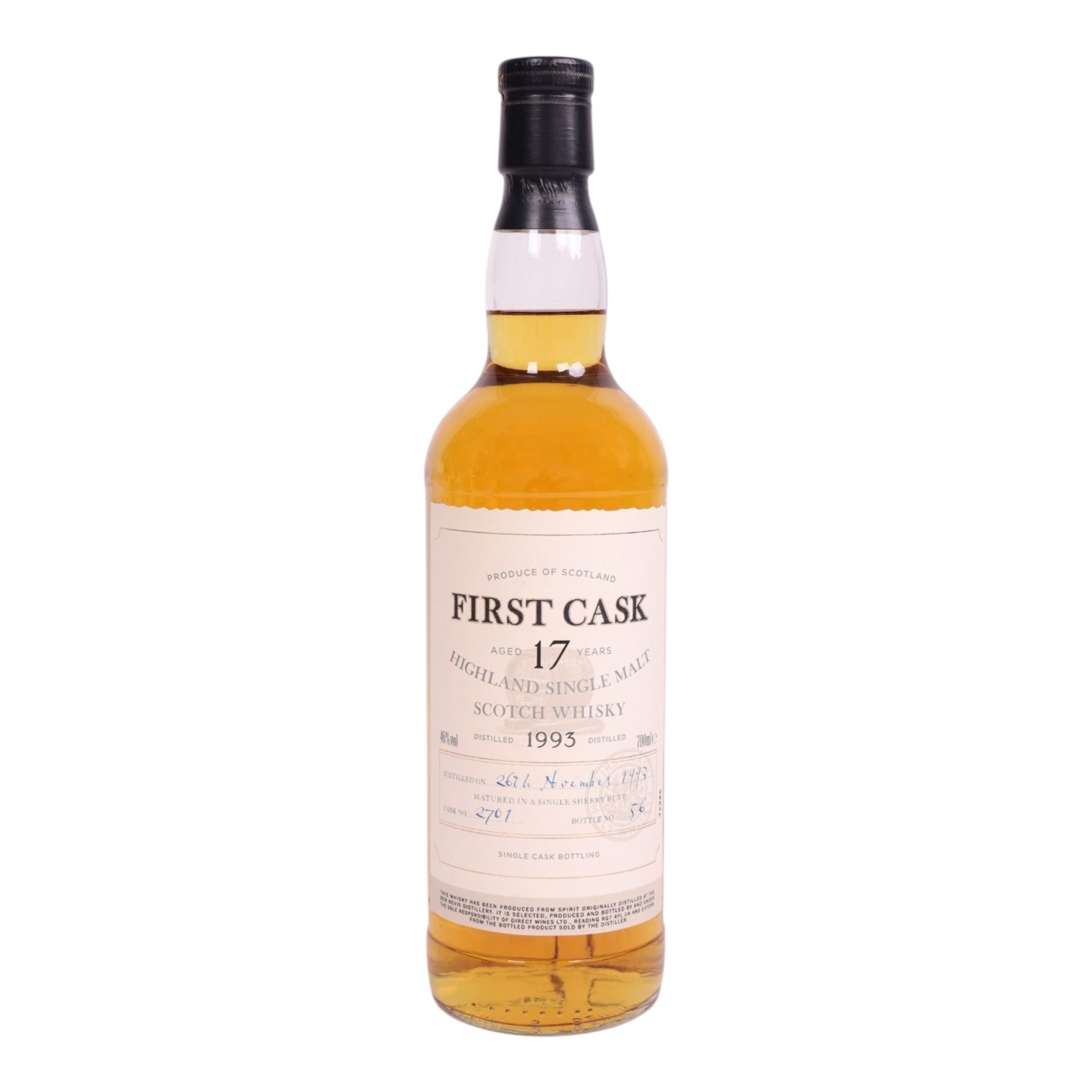 Ben Nevis, 17 year old Highland single malt scotch whisky, 46% vol, 700ml, First Cask; distilled 26th November 1993, from cask number 2701, bottle number 56, with certificate