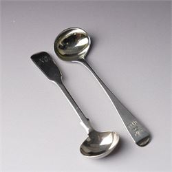 Pair of George III silver circular salts with gilded interiors and embossed decoration and two 19th century condiment spoons, one by Peter and Ann Bateman 