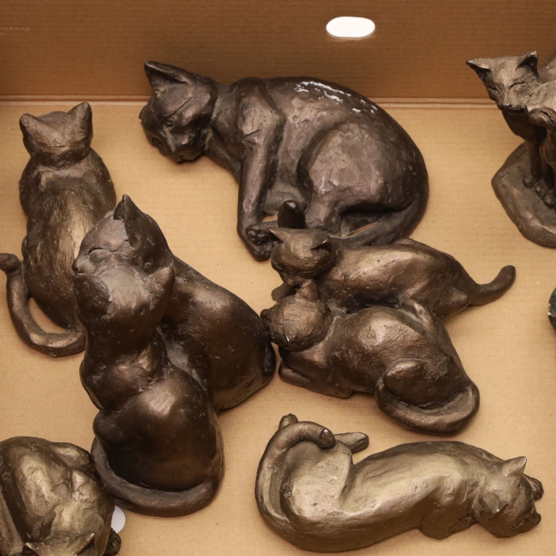 Collection of seven David Frith and other resin sculptures of cats and a small mirror