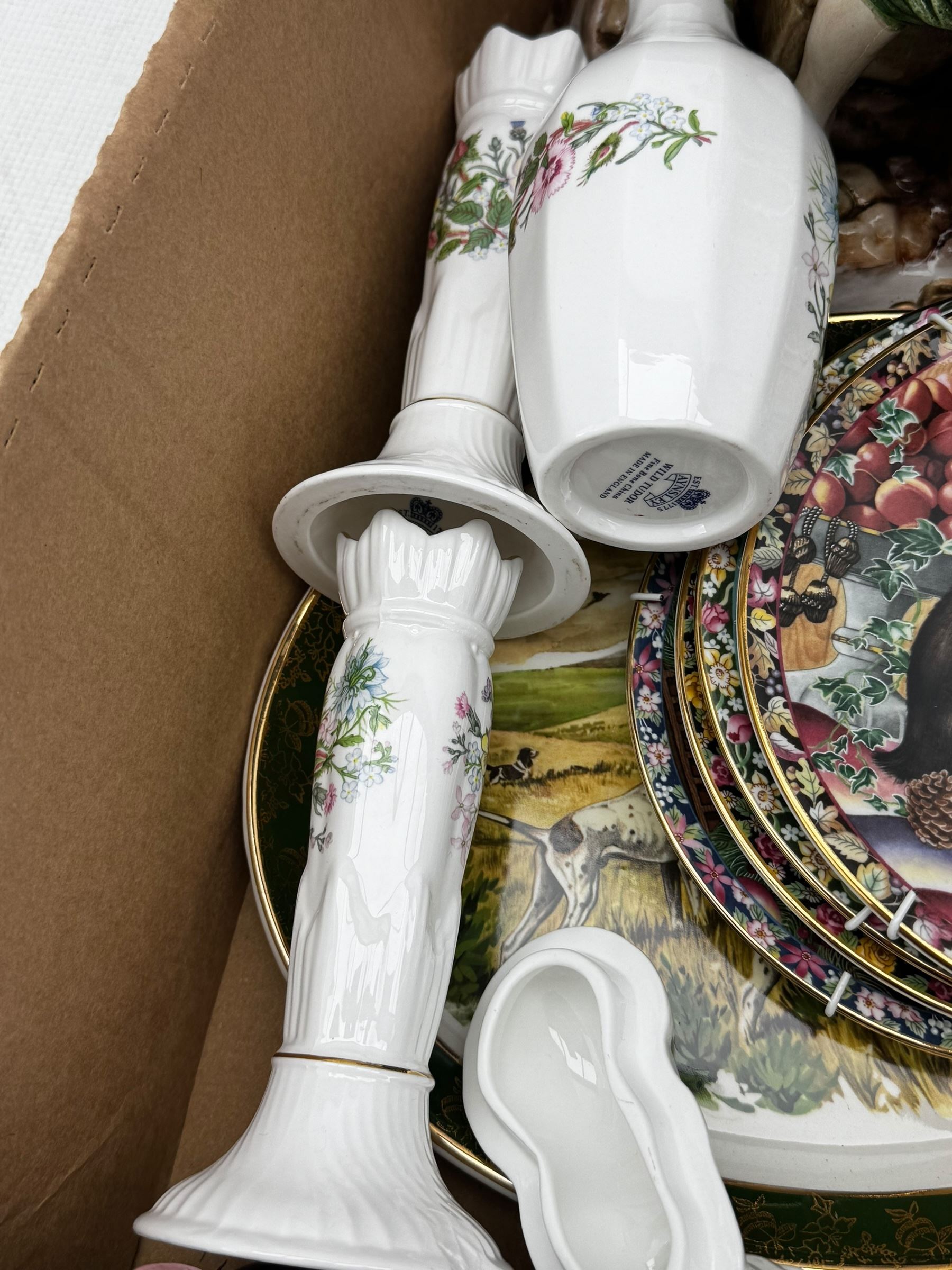 Five ‘The Juliana Collection’ figures, Capodimonte figure of a cobbler, four decorative cat plates, another decorative plates and Aynsley china