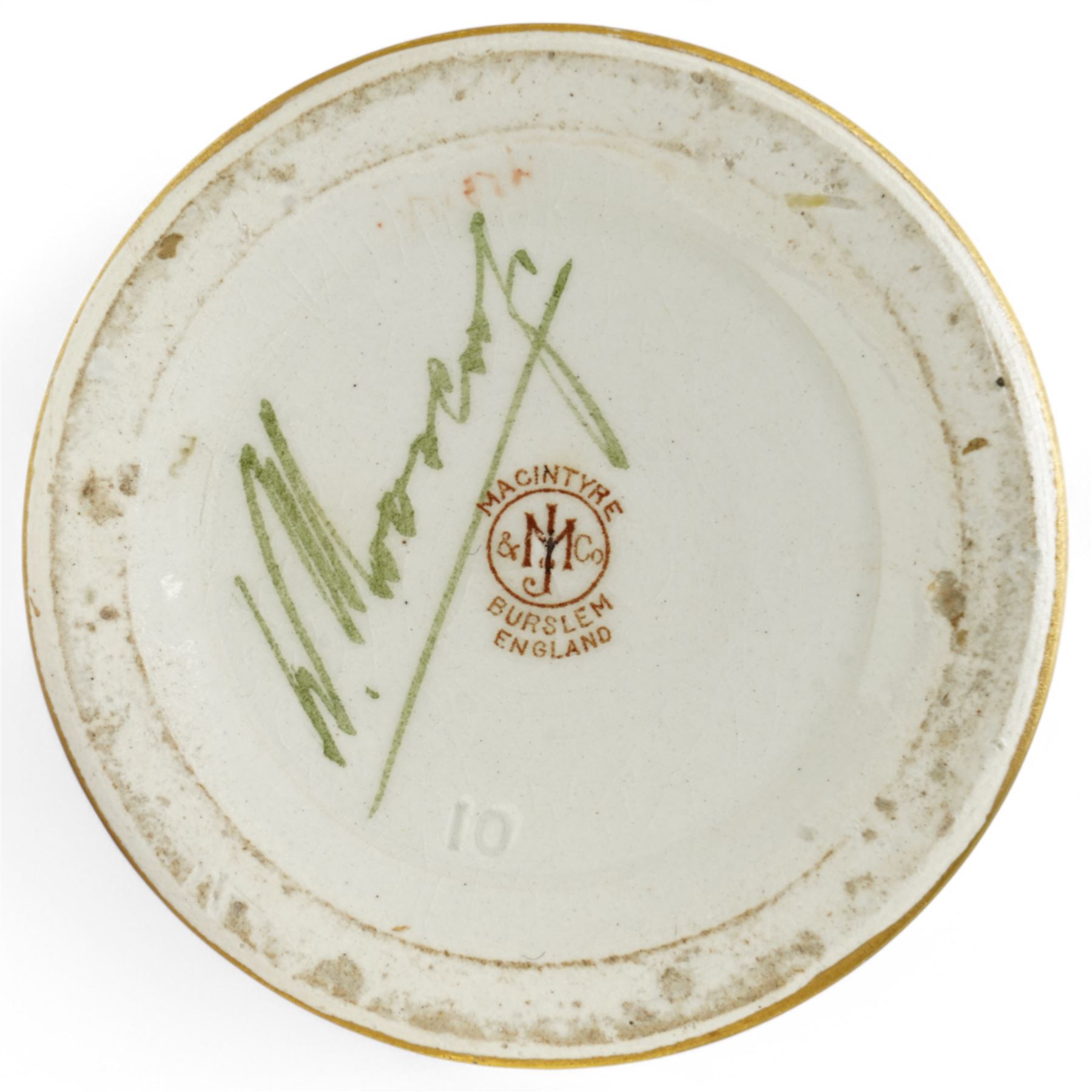 William Moorcroft for James Macintyre & Co, pair of small shouldered vases decorated with blossoming roses, burslem brown mark and Moorcroft signature to base, H15cm (2)