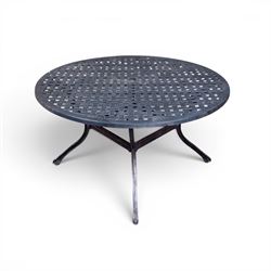LeisureGrow - cast aluminium circular garden table, lattice design top, black finish; and six matching chairs with openwork back, complete with seat cushions and adjustable parasol