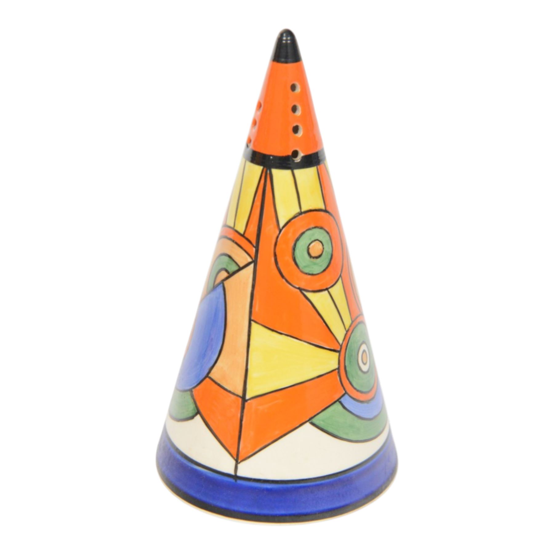 Wedgwood Bizarre by Clarice Cliff, four Conical Sugar shakers, comprising May Avenue, Trees and House, Sliced Circle and Orange Roof Cottage, all with certificates and boxes 