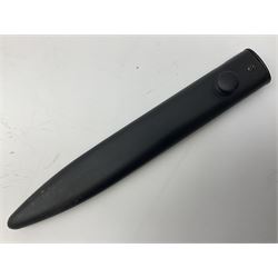 British Army L1A3 SLR Self Loading Rifle bayonet, with 20.5cm Bowie type fullered blade, hooked pommel with working push release button, grip secured by two deeply recessed rivets and marked L1A3 9600257 D71; in matching black scabbard L32.5cm overall