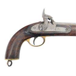 Cavalry Pistol, East India Government, 1871, with 8in smoothbore barrel, lock marked 'E.I.G.' and 'BIRMINGHAM 1871', crown and broad arrow device at tail, walnut full-stock with brass furniture, the left side marked 'JOSEPH SMITH' and stamped with a 'BIRMINGHAM E.I.G.' roundel, fixed lanyard ring at heel and iron ramrod, overall L35cm