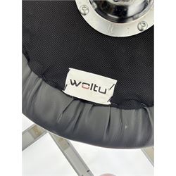 Pair of contemporary adjustable ‘Woltu’ bar stools, diamond-quilted grey faux leather seats with low backs, chrome bases with footrests and hydraulic height adjustment mechanism