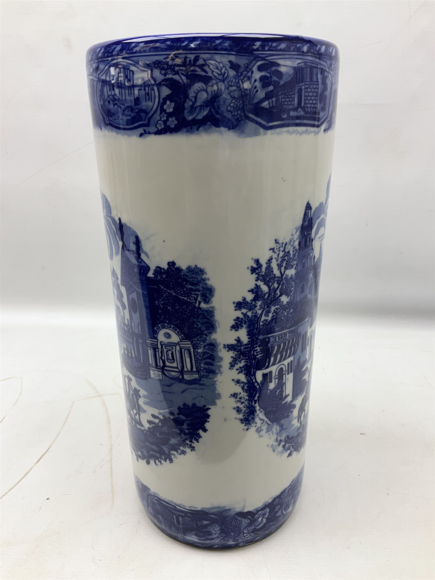 Victoria Ware blue and white umbrella stand, decorated with transfer print decorated with city scape, H43cm