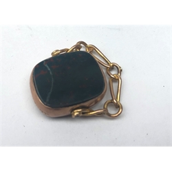  Edwardian 9ct gold bloodstone and agate swivel fob, hallmarked, Victorian silver pill box, silver Celtic design brooch, 19th century porcelain hand-painted brooch with matching dress stud, EPNS quaich etc   