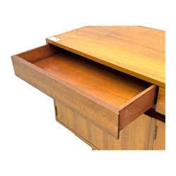 Younger - 1960s teak sideboard, three drawers over three cupboard, centre draw lined with baize with dividers, recessed handles with tapered feet