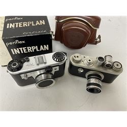 Corfield Periflex I 35mm periscope camera body,  with 'Corfield Lumar-X 1:3,5/50' lens, and Corfield Interplan-B camera body, serial no. 9111482 in original box, and with ready case