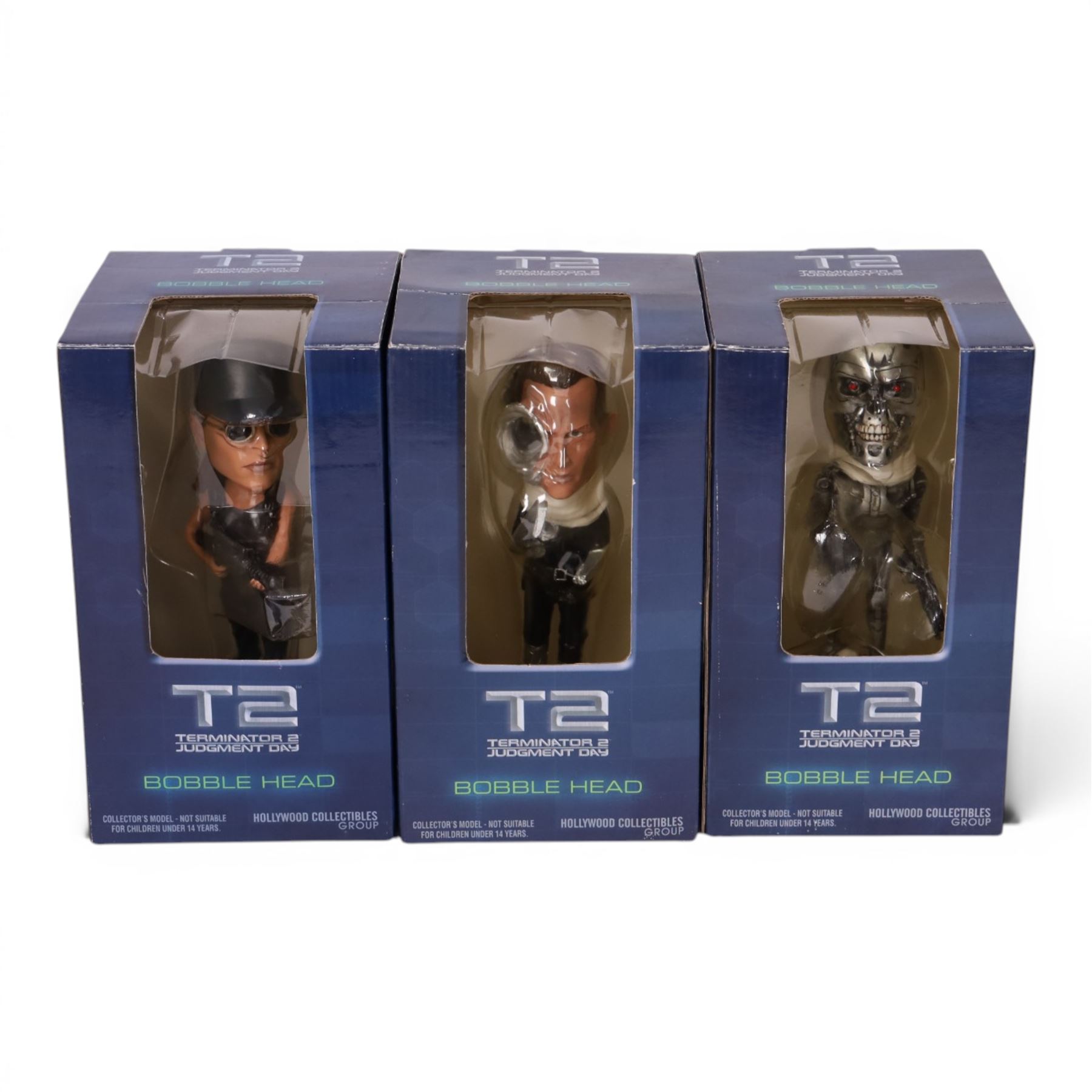 Three Hollywood Collectibles Terminator Judgement Day T-2 Bobble Heads, T-1000, Sarah Connor and Endoskeleton, all boxed