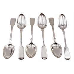 Set of six Victorian Irish silver Fiddle pattern dessert spoons, hallmarked George Waterhouse & Co, Dublin 1847