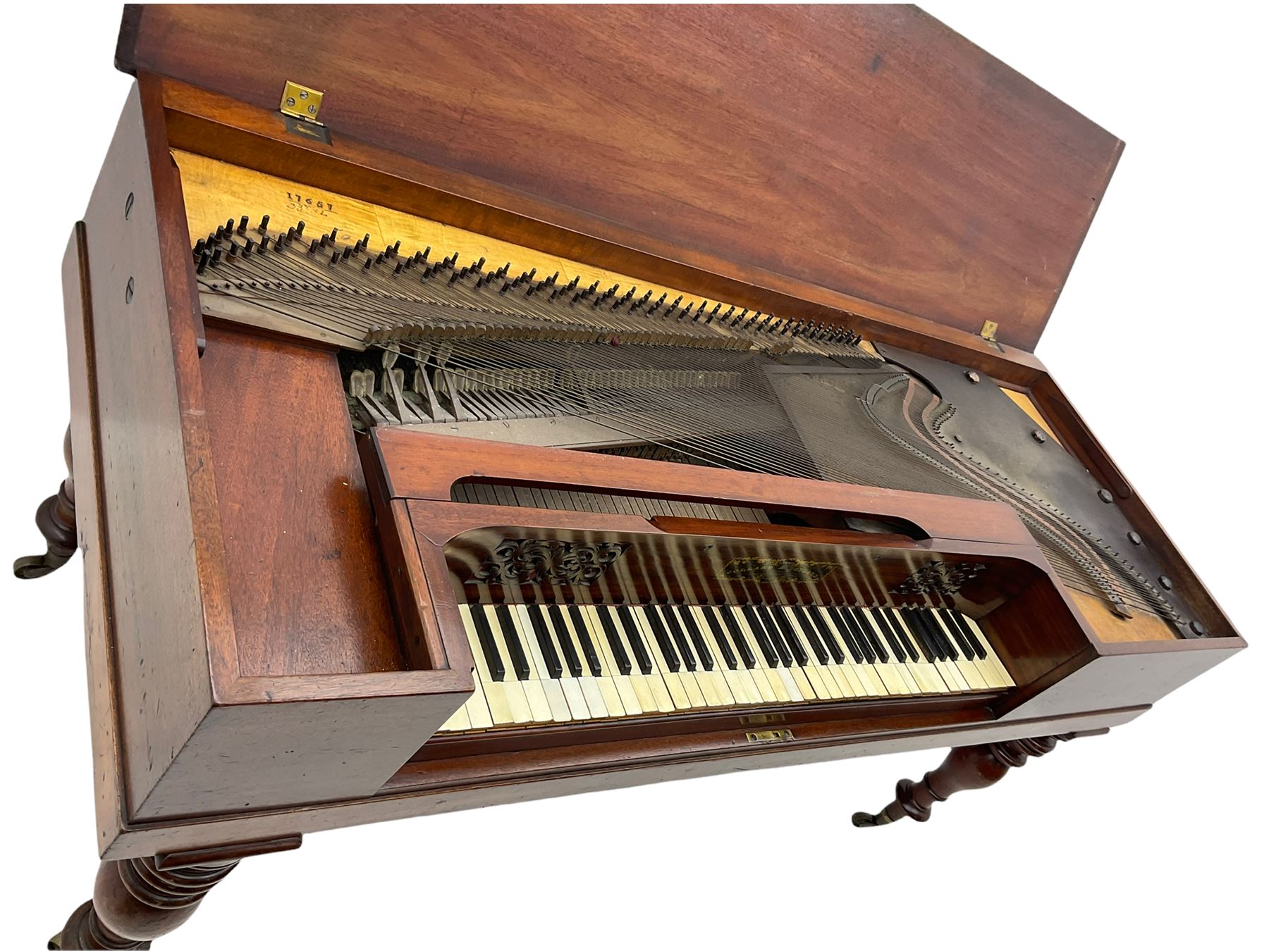 Collard & Collard - early 19th century mahogany square piano, hinged and retractable keyboard cover and lid, turned legs on brass castors