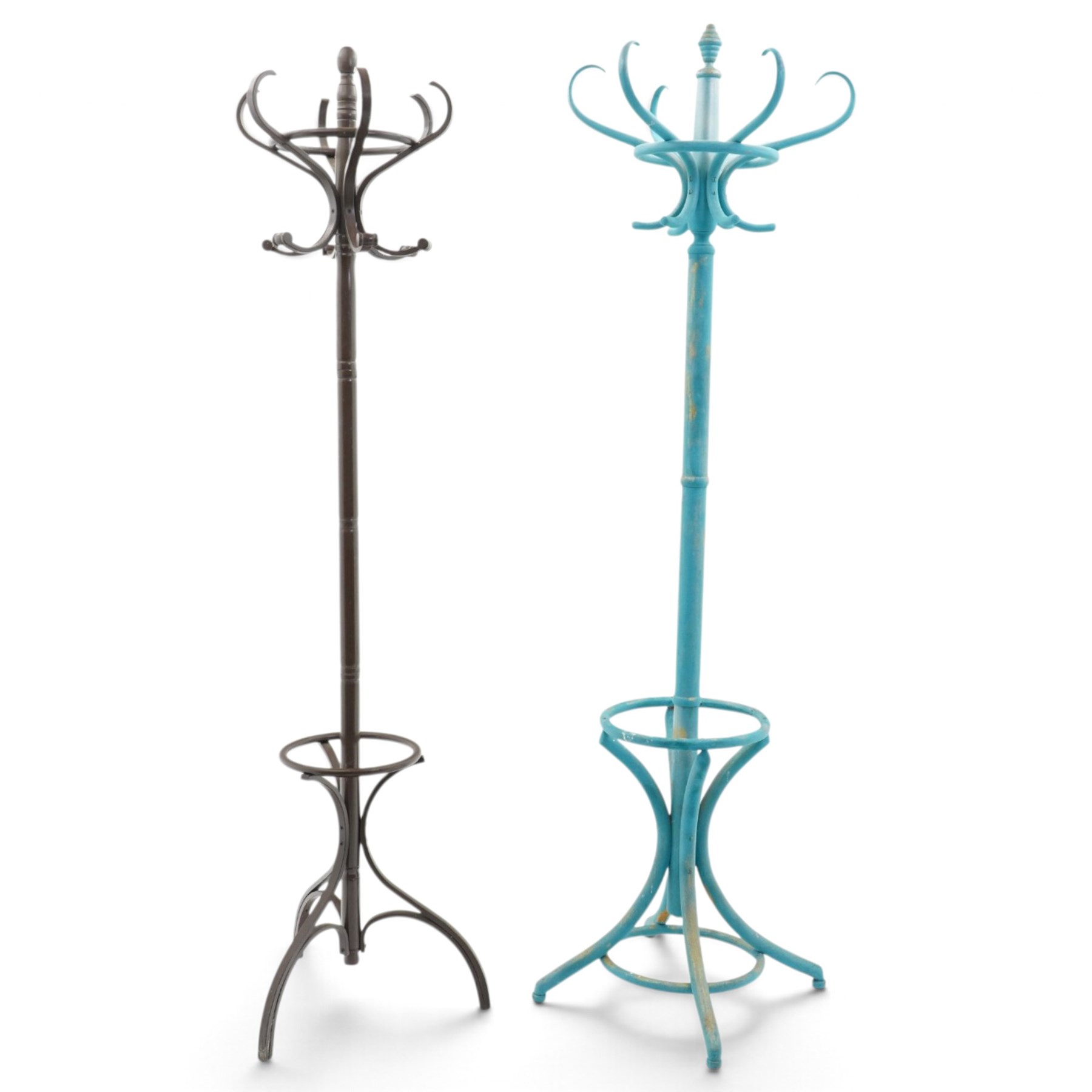 Two Thonet style bentwood coat stands, one painted in blue and gold glitter