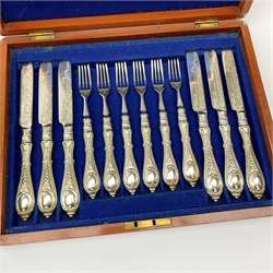 A mahogany cased Victorian Walker & Hall silver plated set of dessert eaters, for twelve settings, case L33.5cm. 