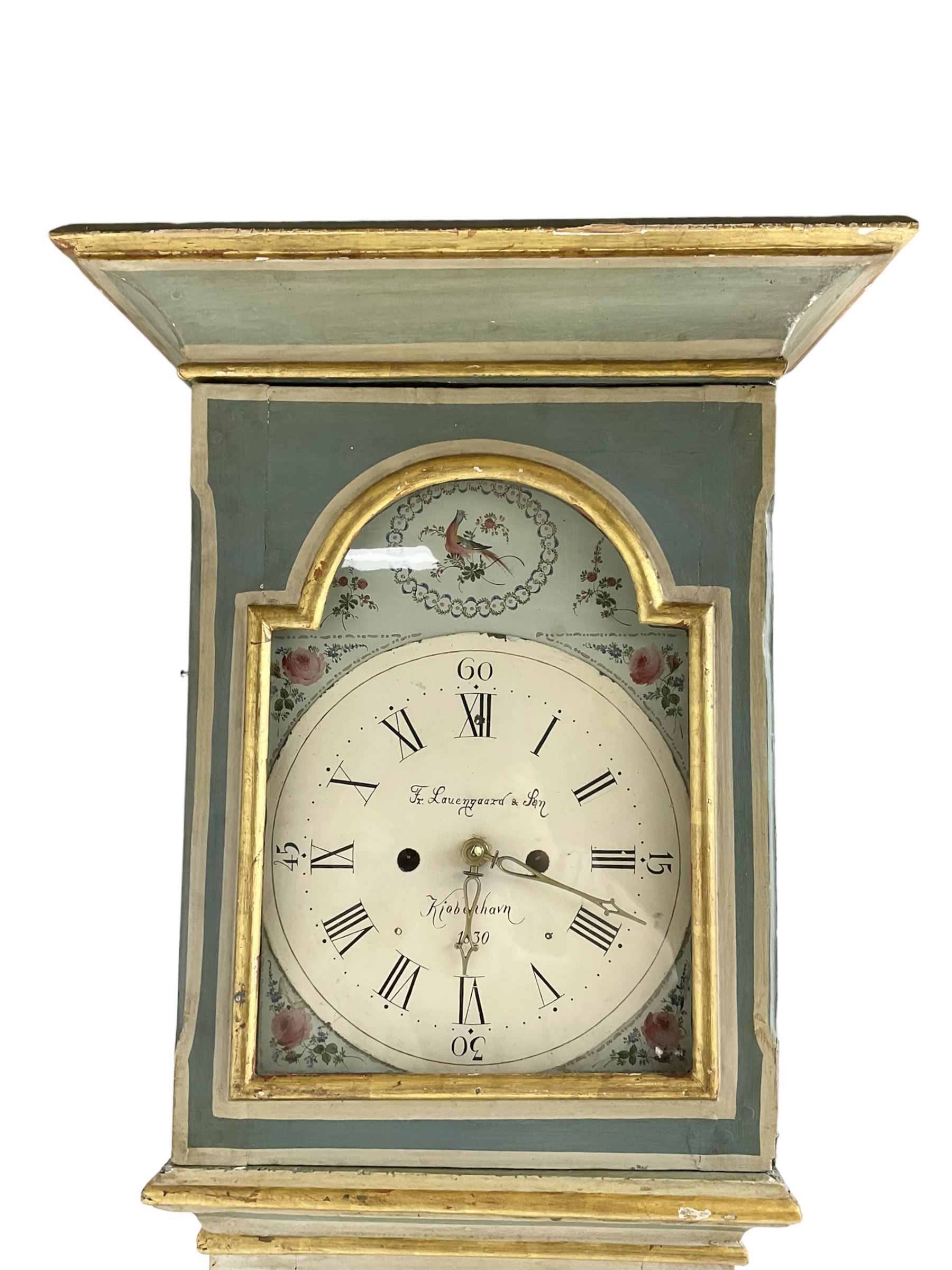 Painted longcase clock with a flat topped pediment and break arch