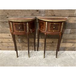 Pair French Louis XVI design demi lune side table, three drawers, on shaped cabriole legs