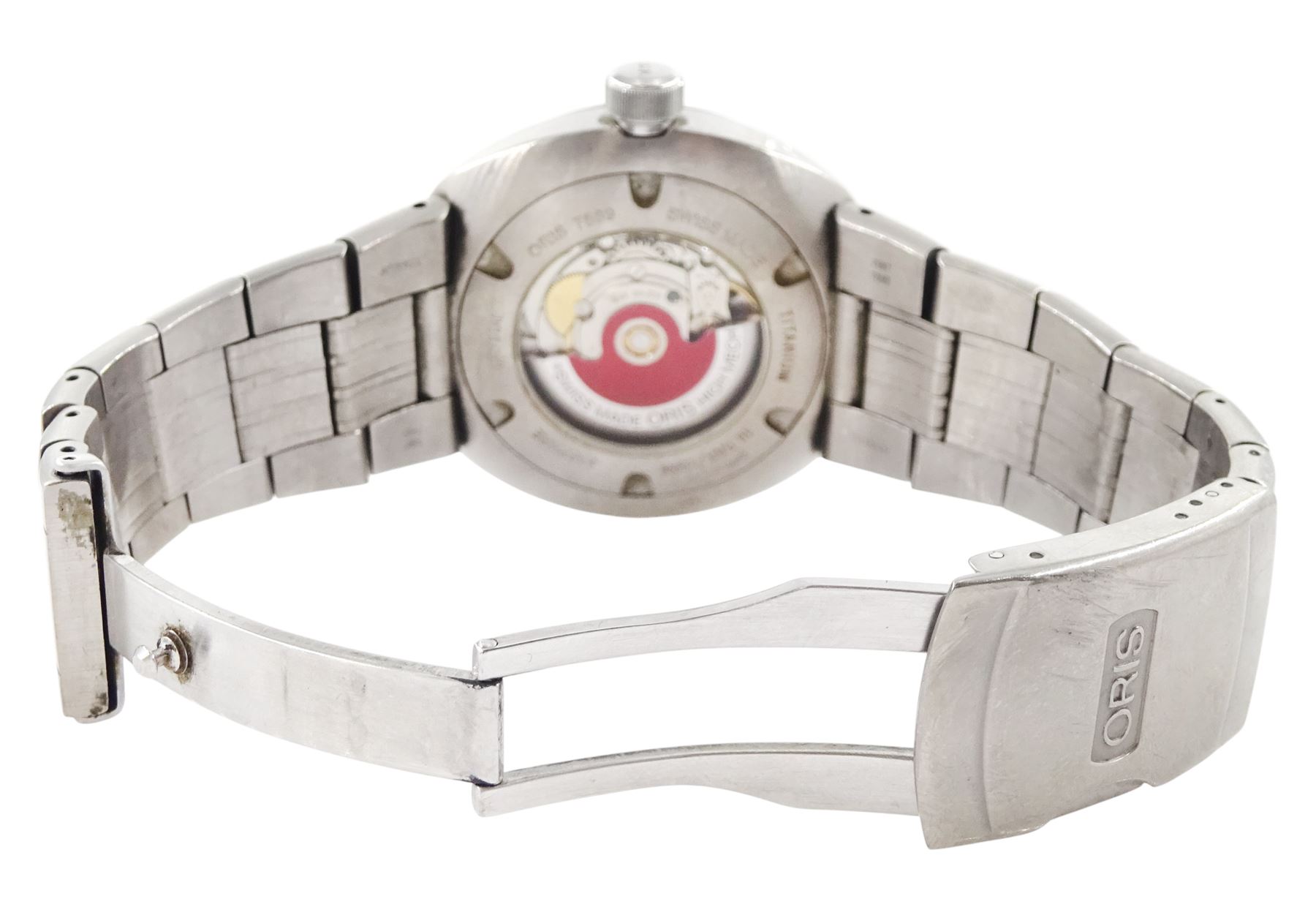 Oris TT3 gentleman's titanium automatic wristwatch, Ref. 7589, black dial with Arabic hour markers and day / date aperture, on original titanium bracelet, boxed with receipt dated 2009