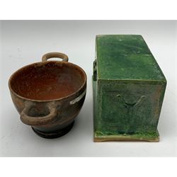 Chinese green glazed earthenware model of a chest, with label beneath inscribed 'Early Ming [...]', H9cm, L13.5cm, D8cm, together with a skyphos, probably Greek or Roman, with twin open handles upon a circular foot, H7.5cm, not including handles D9cm
