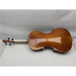 German half-size cello with 69cm two-piece maple back and ribs and spruce top; L112.5cm overall; in soft carrying case with two bows