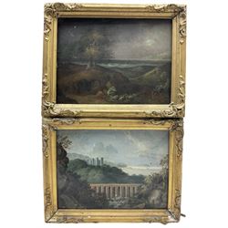 English School (19th century): Shepherd Herding Sheep on Stormy Night and Viaduct and Castle Landscape, pair oils on board unsigned 15cm x 19cm (2)