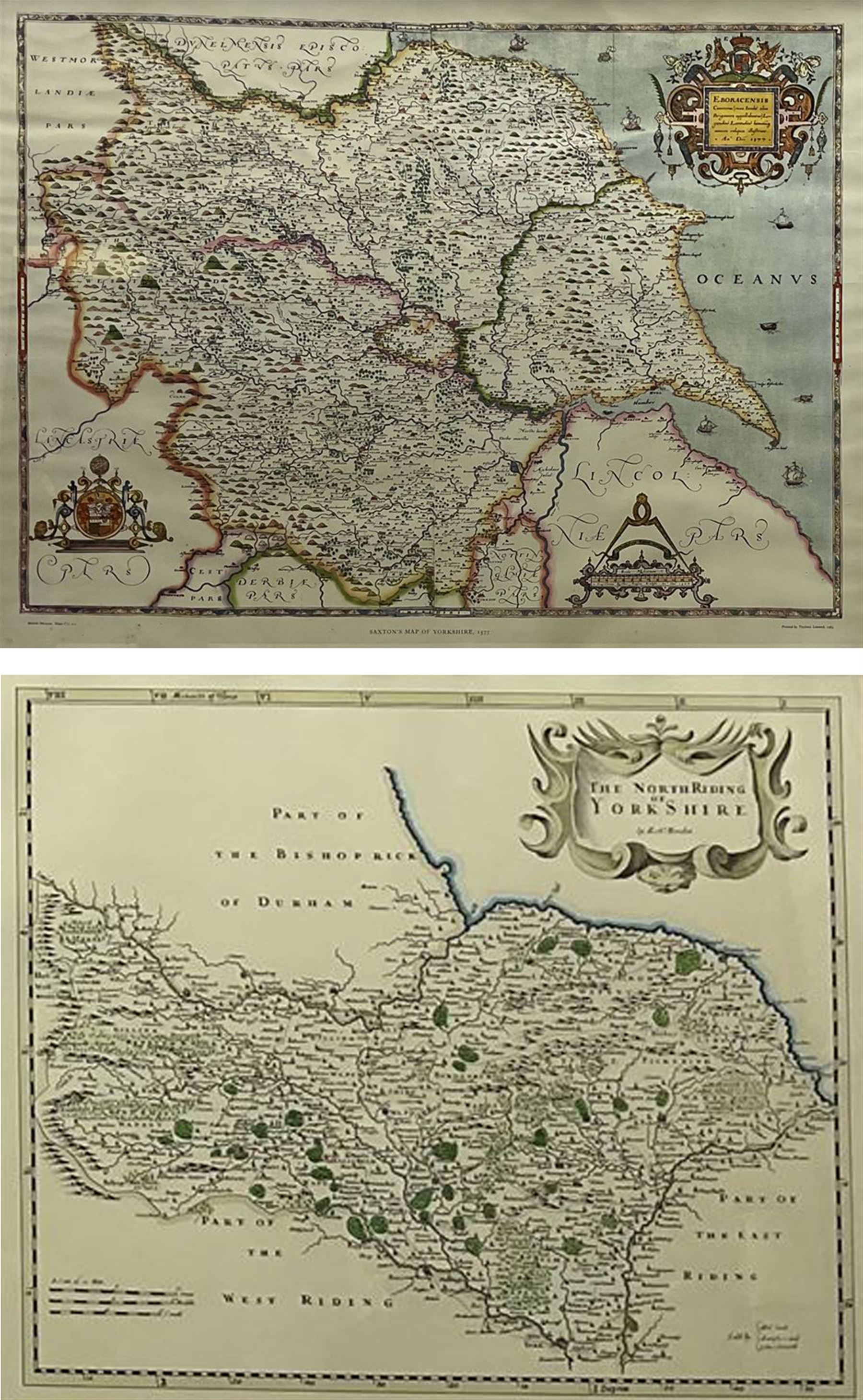 After Christopher Saxton (British c.1540-c.1610): 'Eboracensis Comitatus' - North Yorkshire, 20th century reproduction map 63cm x 83cm; After Robert Morden (British c.1650-1703): 'The North Riding of Yorkshire', 20th century reproduction map 32cm x 38cm