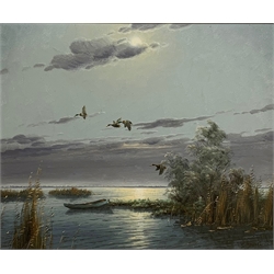 Gerard Brouwer (Dutch 1938-): Mallards in Flight, oil on canvas signed 49cm x 60cm 