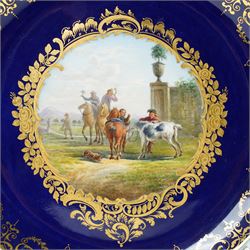 19th century Meissen cabinet plate, the reticulated border modelled with trellis panels and forget-me-nots,  the cobalt blue well with gilt bordered central reserve painted with a scene of a hunting party after Philips Wouwerman (Dutch 1619-1668), underglaze blue crossed swords and indistinct impressed numbers verso, D26cm