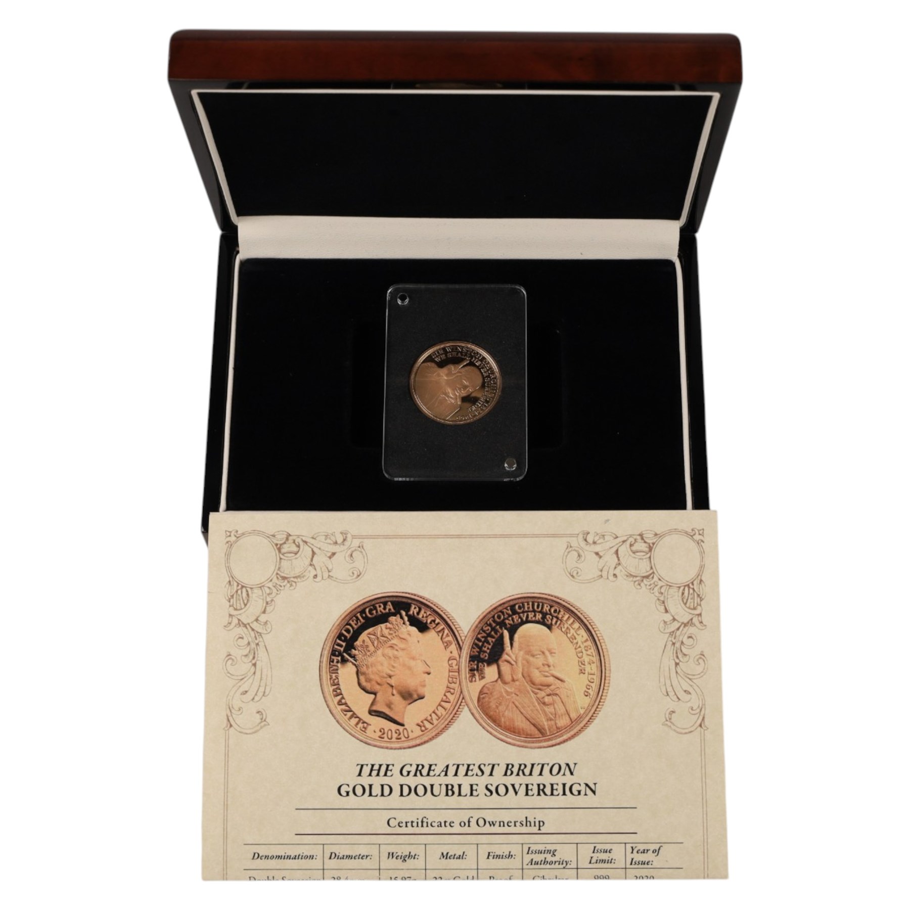 Queen Elizabeth II Gibraltar 2020 'The Greatest Briton' gold proof double sovereign coin, issued by The London Mint Office, cased with certificate