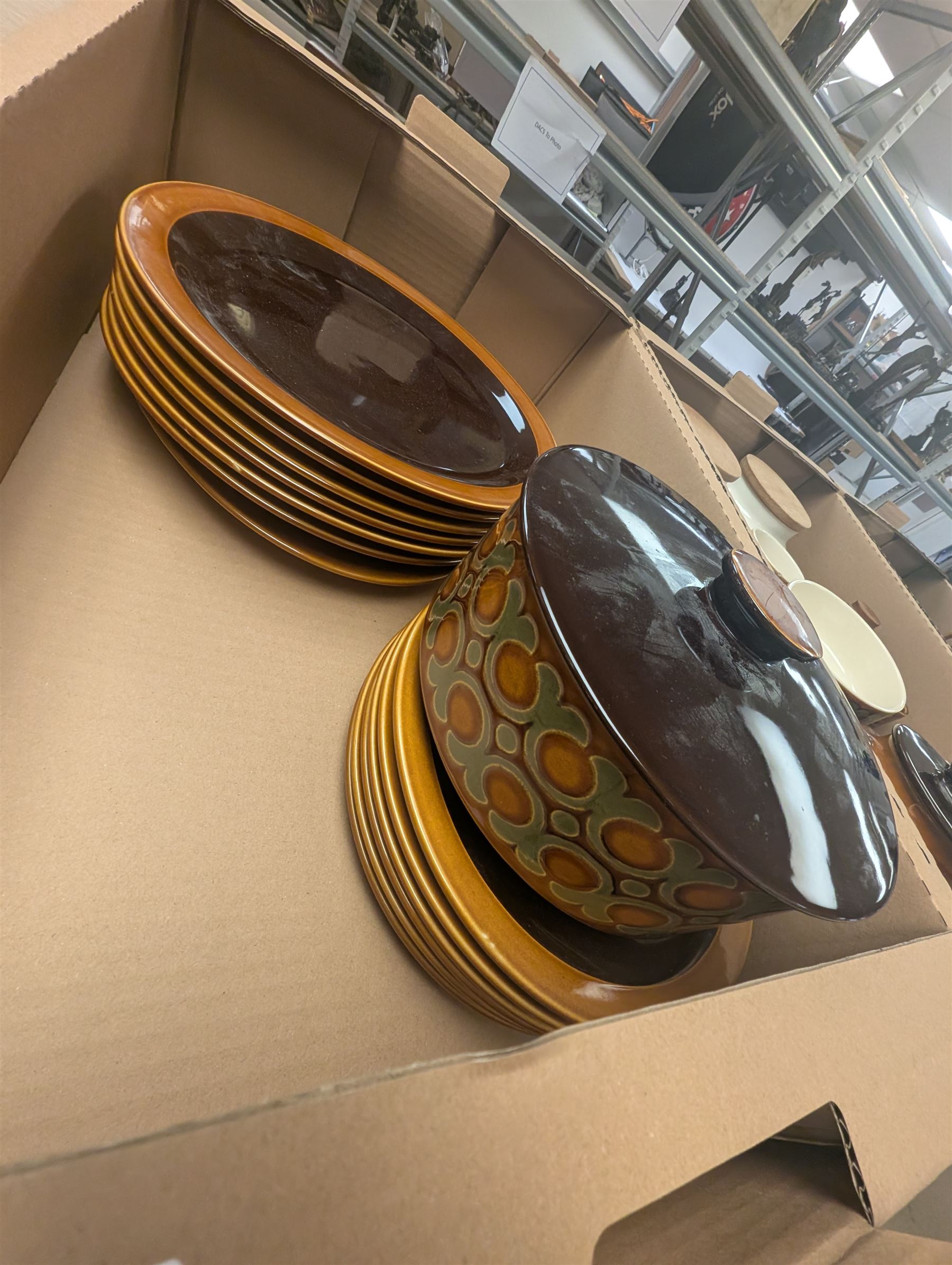 Collection of Hornsea pottery, to include green glazed bird ashtray designed by John Clappison, Bronte pattern part tea and dinner service, including butter dish, teapot, tureen, platter, dinner plates, side plates, oil and vinegar bottles, Heirloom pattern butter dish, etc