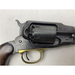 Unmarked Spencer & Rogers type Remington style .44 cal. six-shot percussion revolver, 20cm octagonal barrel with loading lever under, brass trigger guard and two-piece wooden grip L37cm overall; together with a framed watercolour by Alan J. Gray dated 2009 entitled 'The Remington .44 Calibre 1861 Navy Revolver'  19 x 42cm (2)
