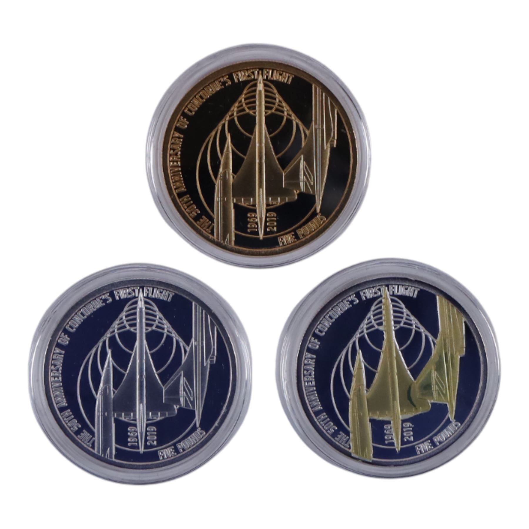Queen Elizabeth II Alderney 2019 '50th Anniversary of Concorde' five ounce silver proof twenty five pound coin, and Queen Elizabeth II Alderney 2019 '50th Anniversary of Concorde' five pound coin collection, both cased with certificates