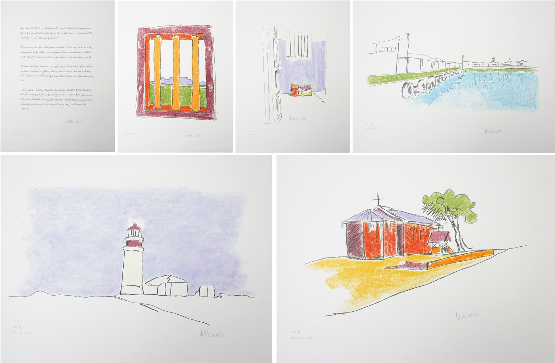 Nelson Rolihlahla Mandela (South African 1918-2013): 'My Robben Island' - ' 'The Church' 'The Lighthouse' 'The Cell' 'The Window' 'The Harbour' 'Motivation', set of six lithographs in colours signed and numbered EP 5/10 edition 500 in pencil with blindstamp, pub. by the Belgravia Gallery, 2002,  66cm x 50cm, together with original box (6) (unframed)