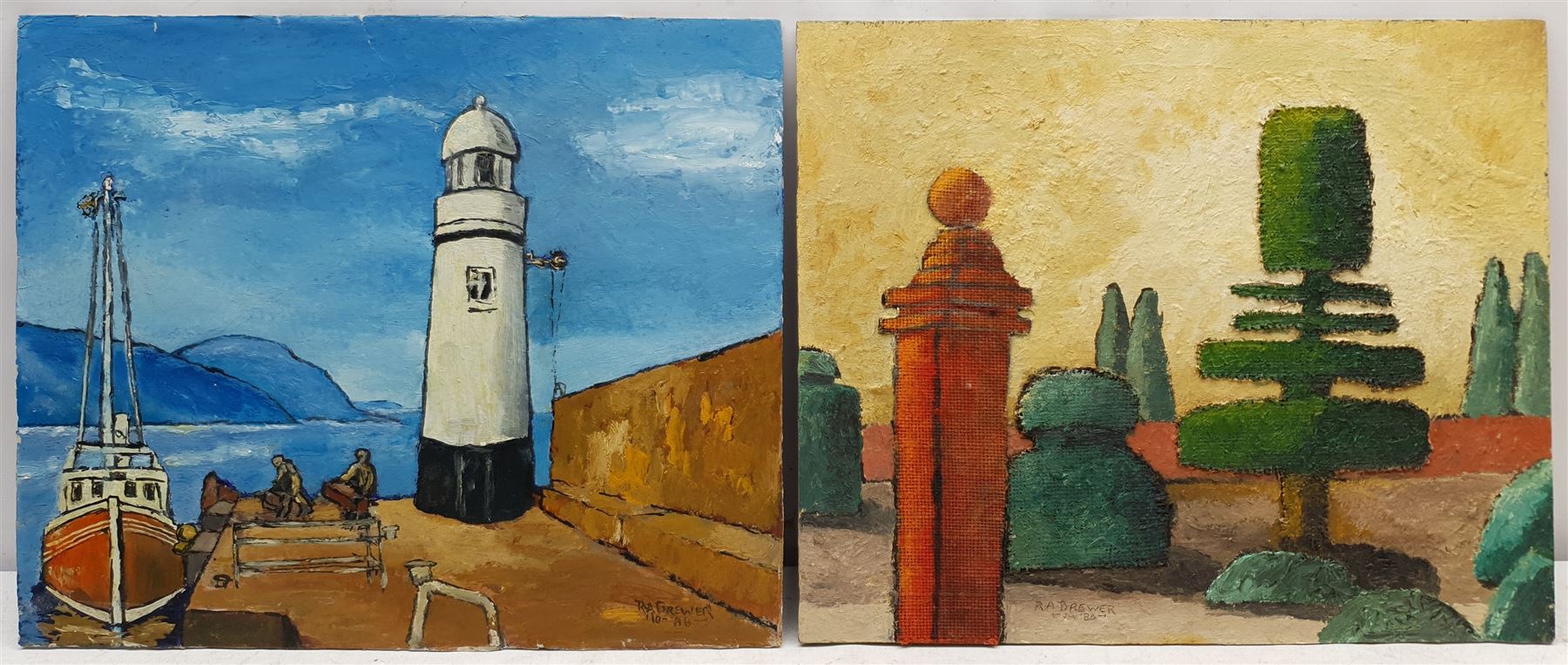 R A Brewer (East Yorkshire fl.1965-1973): Figures Unloading on the Pier beside a Lighthouse, and 'Topiscape' - Landscape with Topiary, two oils on panel signed and dated '88, further signed verso, the latter inscribed 'Ferens Jan Feb '88' verso, 38cm x 46cm (2) 
Notes: three works by Brewer are held in the collection of Beverley Art Gallery