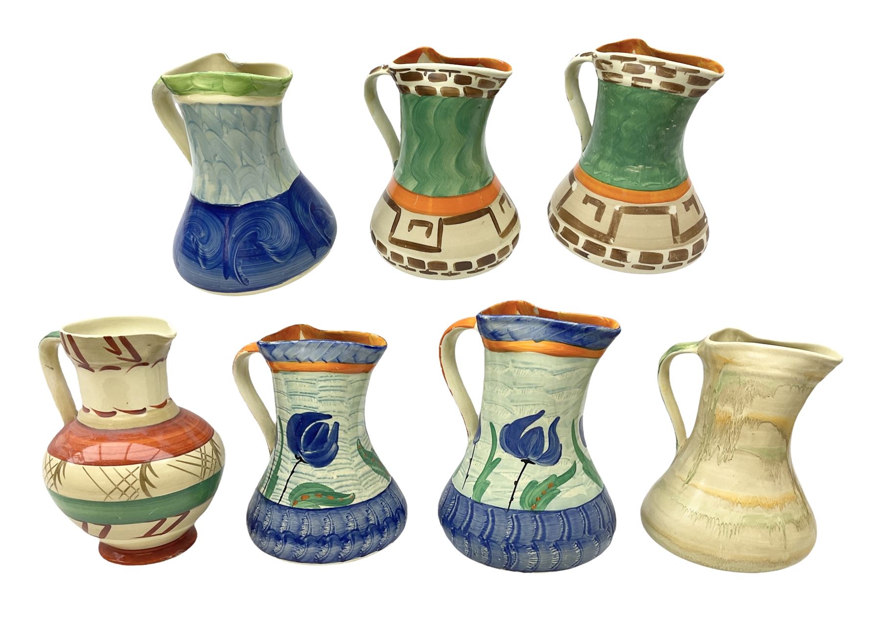 Seven Myott Son & Co hand painted jugs, all with printed mark beneath, H21cm