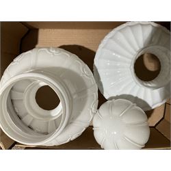 Collection of milk glass lampshades together with other collectables, in two boxes 