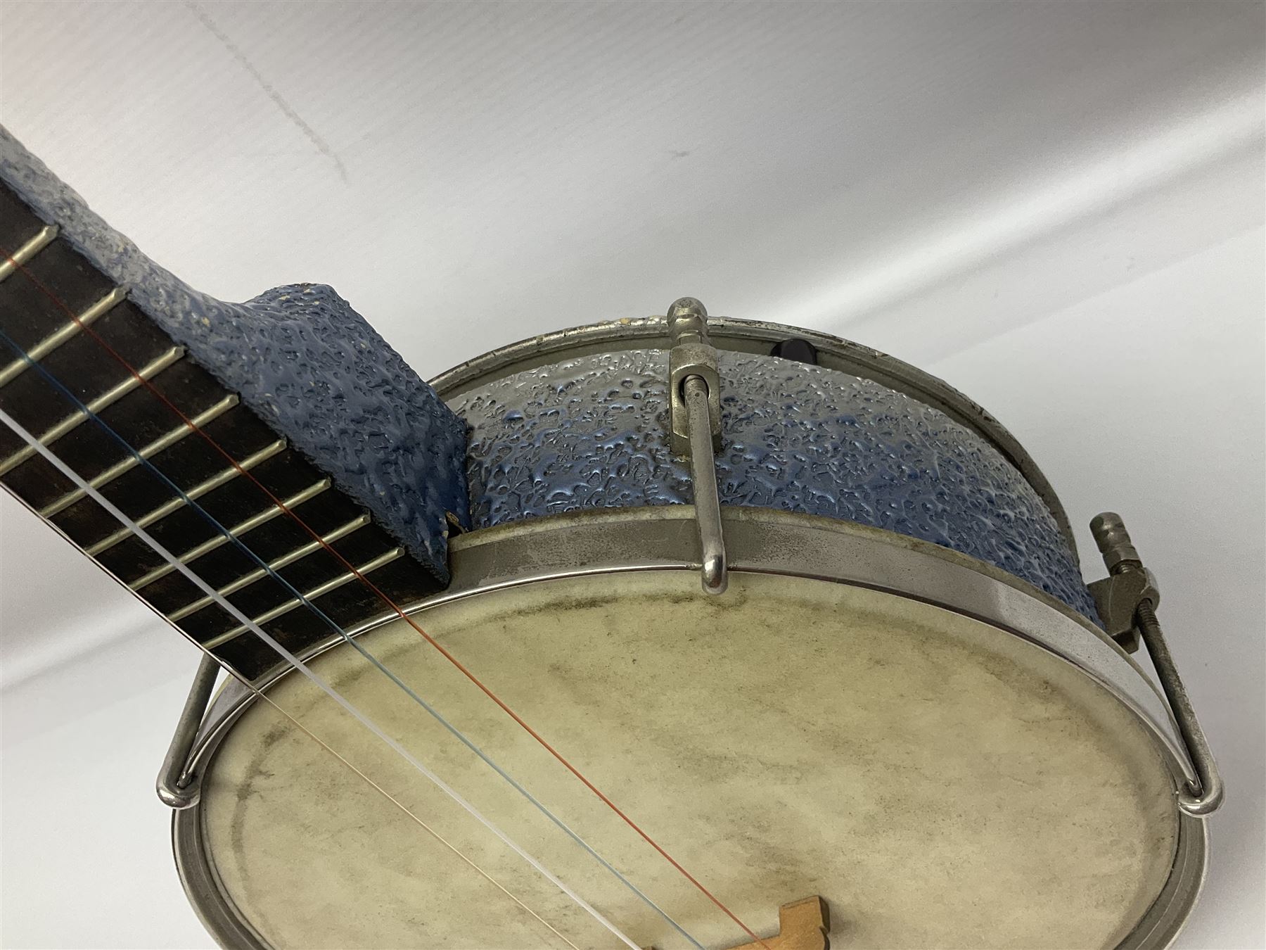 John Grey & Sons banjolele with unusual all over mottled blue and silver textured finish L57cm; in carrying case
